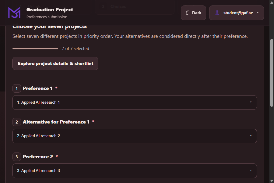 Student screen for ranking project preferences