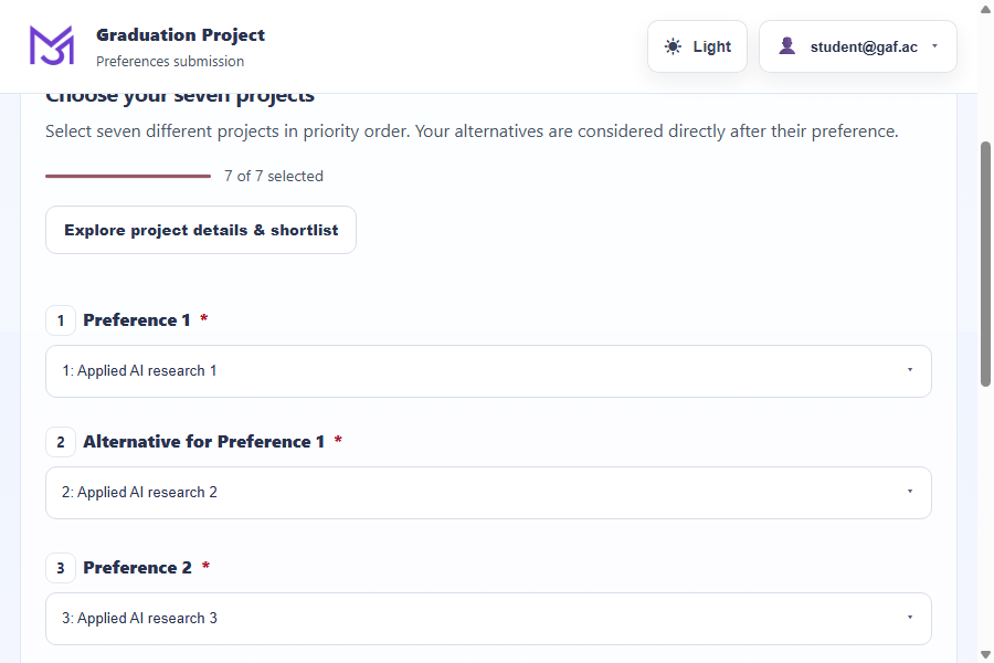 Student screen for ranking project preferences