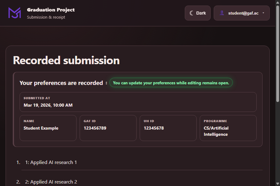 Recorded submission with ranked projects and receipt actions