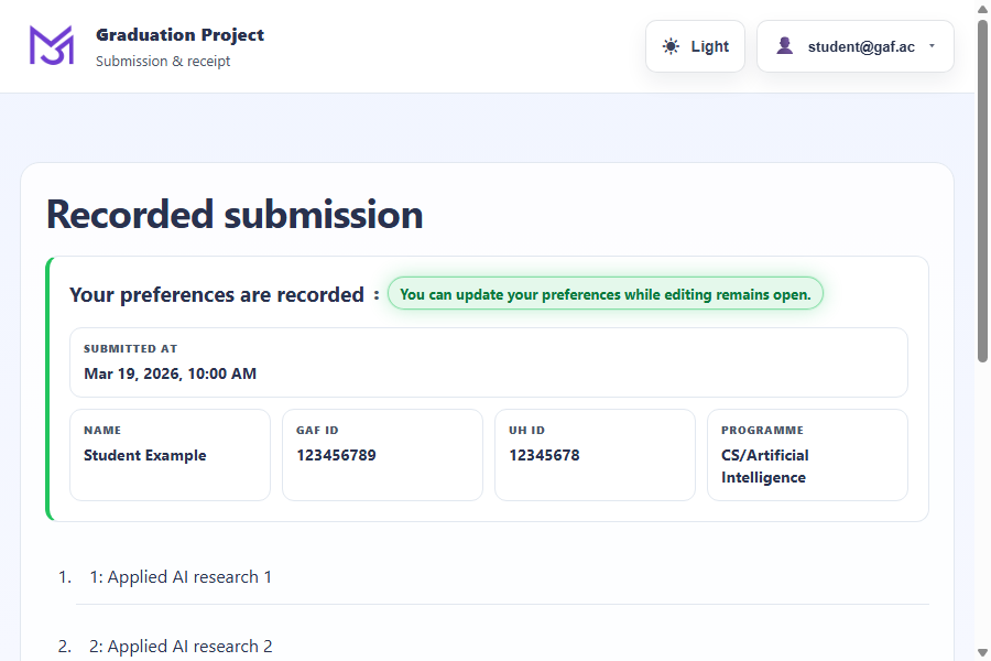 Recorded submission with ranked projects and receipt actions